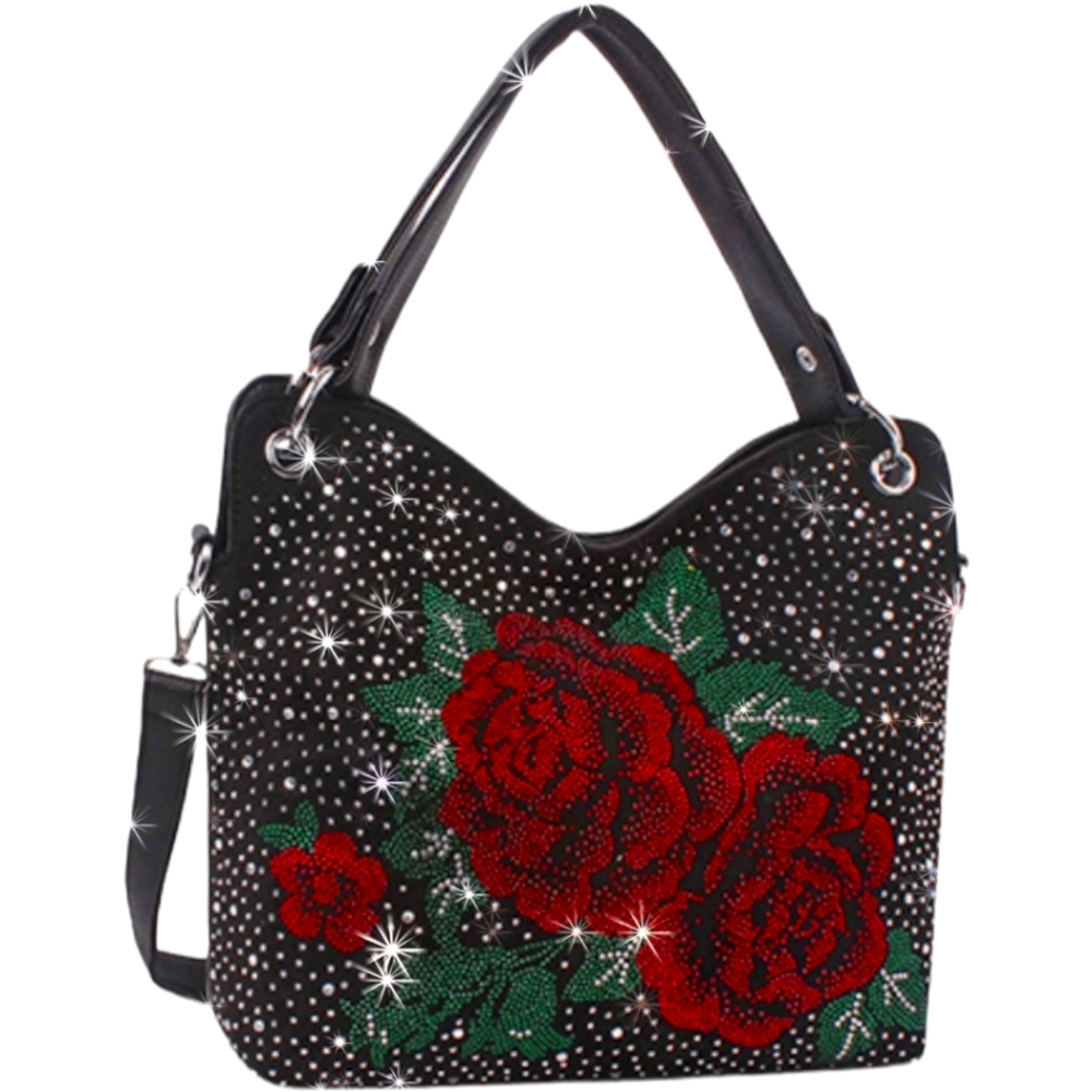 Gorgeous Black Red Rose Rhinestone Bling Handbag